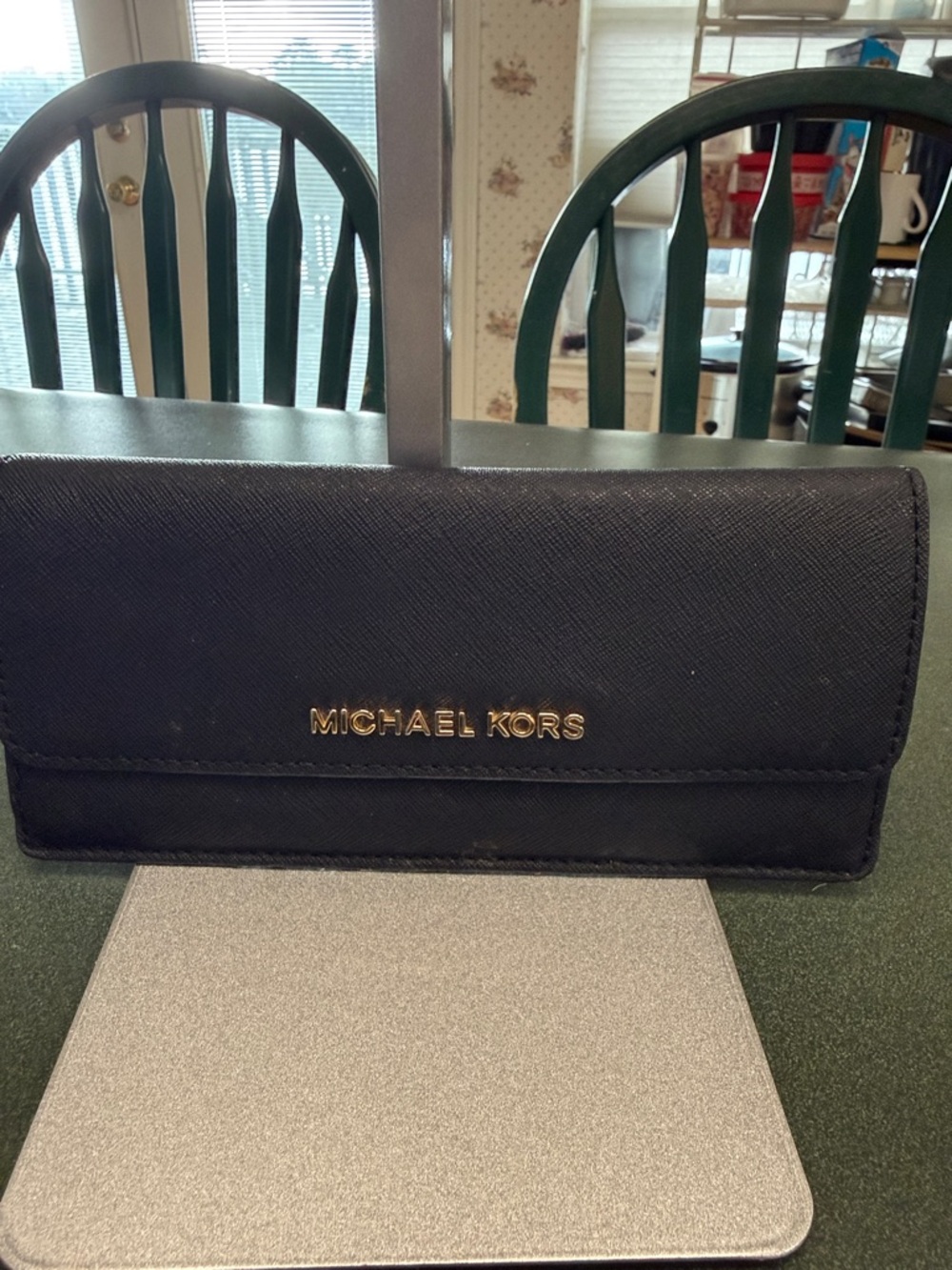 Michael Kors Black Saffiano Leather Continental Wallet with Gold Logo